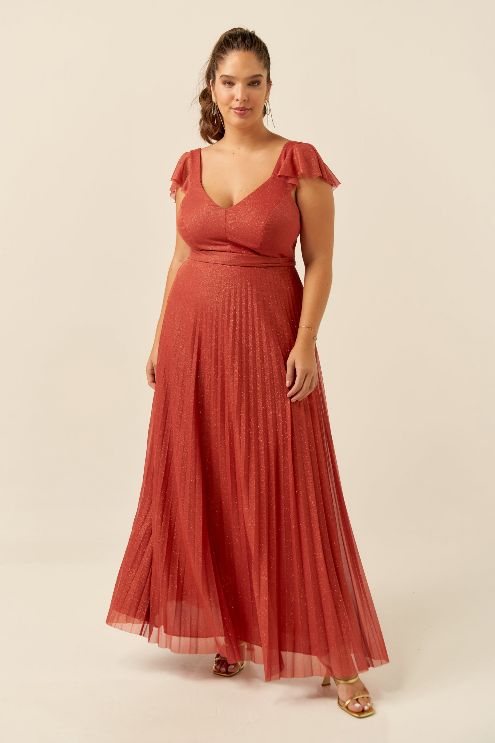 Vestido Festa Madrinha Plus Size Terracota  babado Longo Ladydress