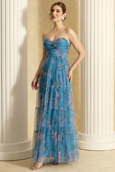 Vestido de Festa Longo Estampado Azul Serenity Antonela Ladydress