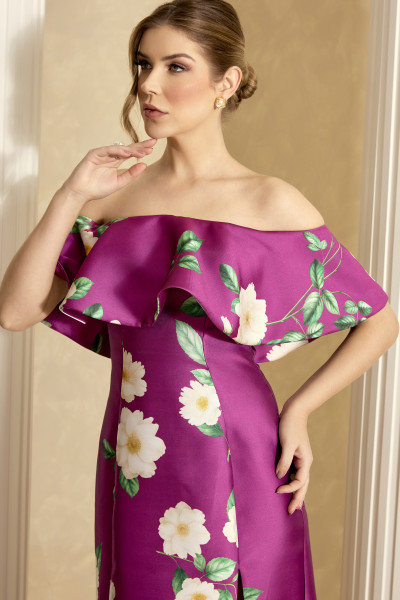 Vestido de Festa Longo Estampado Fúcsia Manu Ladydress