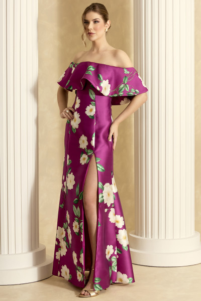 Vestido de Festa Longo Estampado Fúcsia Manu Ladydress