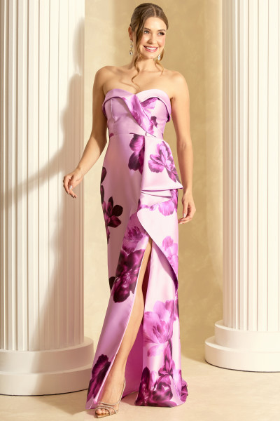 Vestido de Festa Longo Estampado Rosa Stefania Ladydress