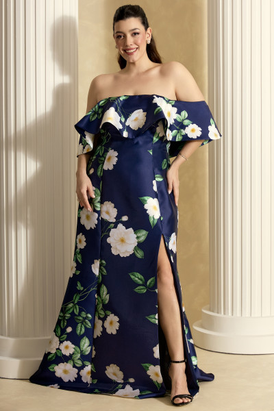 Vestido de Festa Longo Plus Size Estampado Azul Marinho Manu Ladydress