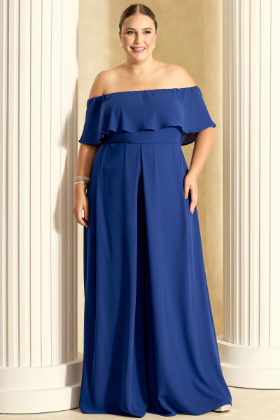 Macacão Longo Plus Size Azul Royal Ayla Ladydress