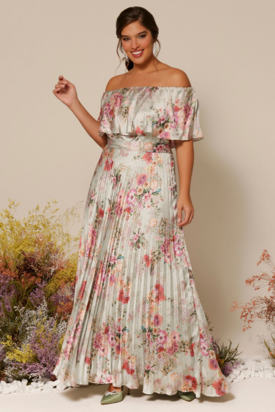 Vestido Festa Madrinha Plus Size Verde Menta Estampado plissado Longo Ladydress