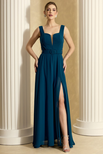 Vestido de Festa Longo Azul Petróleo Adriele