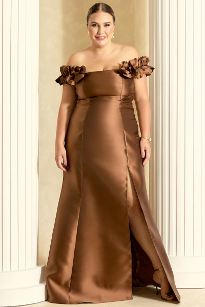 Vestido de Festa Longo Plus Size Marrom Kimberly