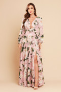 Vestido de Festa Longo Estampado Rosa Viola