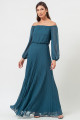 Vestido Festa Madrinha Azul Petróleo Chiffon Plissado Ombro A Ombro Manga Longa Longo Ladydress