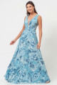 Vestido Festa Madrinha Azul Serenity Estampado Chiffon Decote V Transpasse Evasê Longo Ladydress