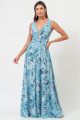 Vestido Festa Madrinha Azul Serenity Estampado Chiffon Decote V Transpasse Evasê Longo Ladydress