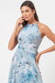 Vestido Festa Madrinha Azul Serenity Estampado Decote Halter Crepe Evasê Transpasse Longo Ladydress