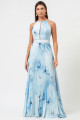 Vestido Festa Madrinha Azul Serenity Estampado Decote Halter Crepe Plissado Longo Ladydress