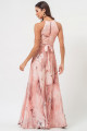Vestido Festa Madrinha Nude Rosa Estampado Decote Halter Crepe Plissado Longo Ladydress