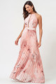 Vestido Festa Madrinha Nude Rosa Estampado Decote Halter Crepe Plissado Longo Ladydress