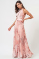 Vestido Festa Madrinha Nude Rosa Estampado Decote Halter Crepe Plissado Longo Ladydress