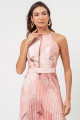Vestido Festa Madrinha Nude Rosa Estampado Decote Halter Crepe Plissado Longo Ladydress