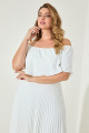 Vestido Festa Madrinha Plus Off White  plissado ombro babado Longo Ladydress