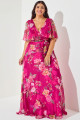 Vestido Festa Madrinha Plus Pink Estampado decote faixa Longo Ladydress