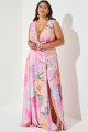 Vestido Festa Madrinha Plus Rosa Estampado decote   Longo Ladydress
