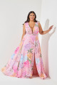 Vestido Festa Madrinha Plus Rosa Estampado decote   Longo Ladydress