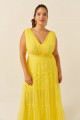 Vestido Festa Madrinha Plus Size Amarelo  decote V tule Longo Ladydress