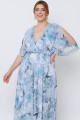 Vestido Festa Madrinha Plus Size Azul Serenity Estampado Chiffon Decote V Fenda Manga Longo Ladydress