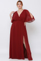 Vestido Festa Madrinha Plus Size Marsala Chiffon Decote V Fenda Manga Longo Ladydress