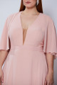Vestido Festa Madrinha Plus Size Nude Rosa Chiffon Decote V Tule Manga Longo Ladydress
