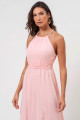 Vestido Festa Madrinha Rosa Decote Halter Alça Trançada Chiffon Poá Fenda Longo Ladydress